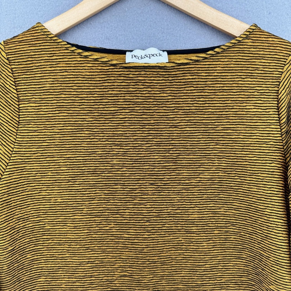 Peck & Peck Medium Gold Black Striped 3/4 Sleeve Blouse Top SZ M Ribbed Preppy